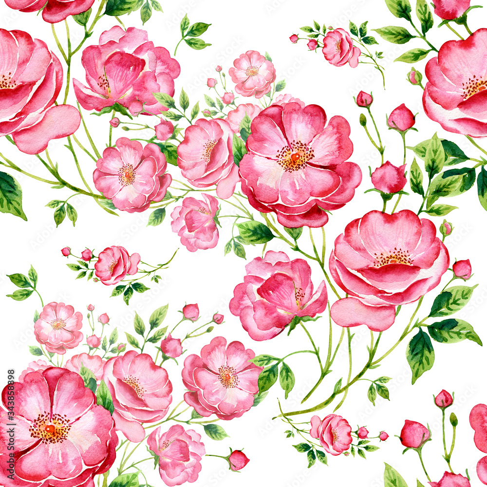  Seamless pattern of wild rose. Stylish print for textile design and decoration.