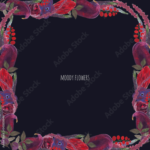 Hand-drawn gouache textured set of flowers, leaves and berries in the style of Moody flowers on the dark wall background