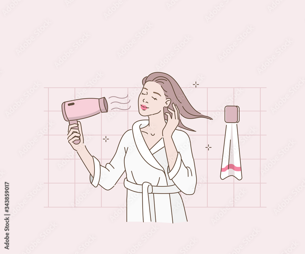 Beauty Woman in Bathrobe Drying her Hair with Hairdryer. Woman in Bathroom Taking Care of her Hair. Girl Making Haircare Procedures with Blow Dryer. Flat Cartoon Vector Illustration. Beauty Woman in Bathrobe Drying her Hair with Hairdryer. Woman in Bathroom Taking Care of her Hair. Girl Making Haircare Procedures with Blow Dryer. Flat Cartoon Vector Illustration.