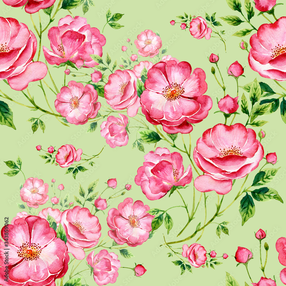  Seamless pattern of wild rose. Stylish print for textile design and decoration.