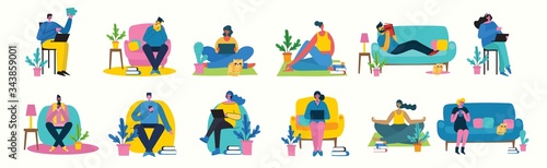 Stay and work at home. People staying at home for prevent virus Covid19 in the flat style