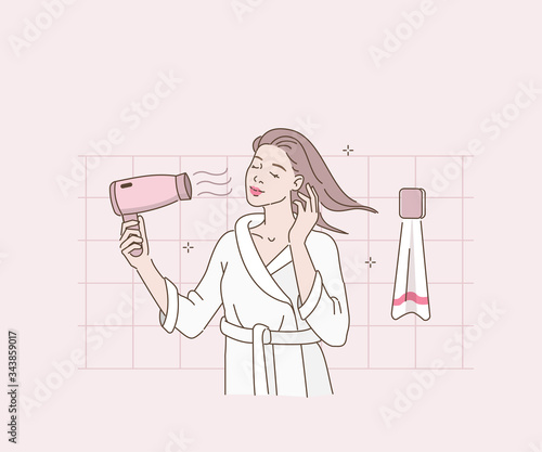 Beauty Woman in Bathrobe Drying her Hair with Hairdryer. Woman in Bathroom Taking Care of her Hair.  Girl Making Haircare Procedures with Blow Dryer. Flat Cartoon Vector Illustration.