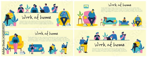 Stay and work at home. People staying at home for prevent virus Covid19 in the flat style