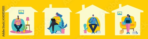 Stay and work at home. People staying at home for prevent virus Covid19 in the flat style