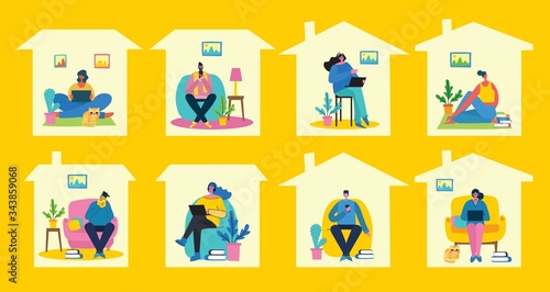 Stay and work at home. People staying at home for prevent virus Covid19 in the flat style