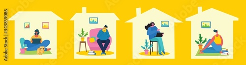 Stay and work at home. People staying at home for prevent virus Covid19 in the flat style