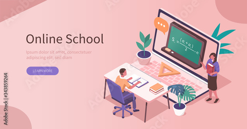 Student Learning Online at Home. Character Sitting at Desk, Looking at Laptop and Studying with Exercise Books. Teacher Help him. Online Education Concept. Flat Isometric Vector  Illustration.