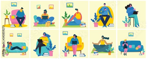 Stay at home. The girls staying at home and doing different activities for prevent virus Covid19 in the flat style