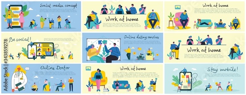 Vector illustration of a office concept. Business people in flat style. Stay mobile, Online education, Online doctor, Start up and team work business concept