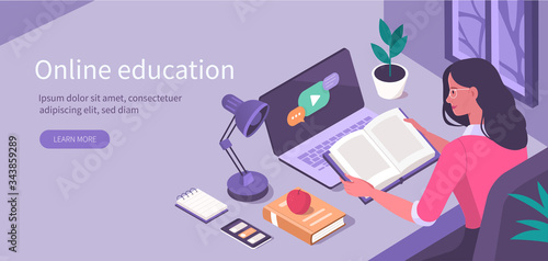 Student Learning Online at Home. Character Sitting at Desk, Looking at Laptop and Studying with Smartphone, Books and Exercise Books. Online Education Concept. Flat Isometric Vector  Illustration.
