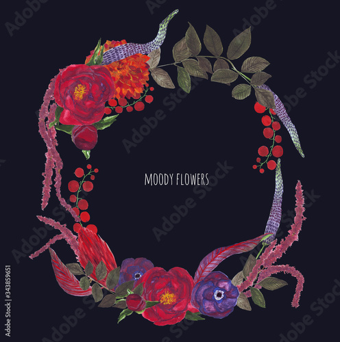 Hand-drawn gouache textured set of flowers, leaves and berries in the style of Moody flowers. Wreath on the dark wall background.