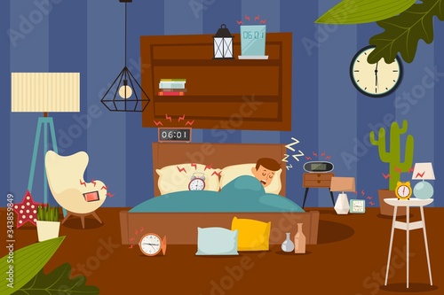 Alarm clocks vector illustration, awakening from sleep. Character man sleep in bed, many alarm clocks in bedroom ring at set time. Watch make loud sound for wakes up person flat banner.