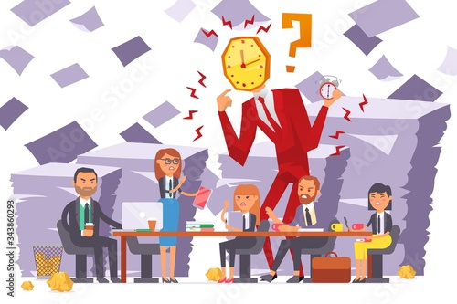 Businessman watchhead, company meeting, team dissatisfied with woman work vector illustration. Time running out, deadline close, character group people angry. Large document stack, paper.