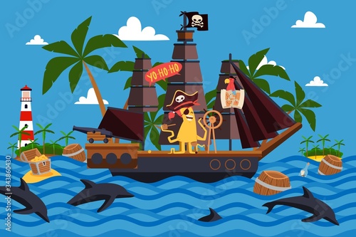 Christmas monsters on a pirate ship vector illustration. One-eyed ship captain with tentacles stand at helm. Character monster sailor furrowing sea with parrot in treasure search cartoon.