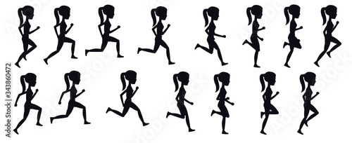 Animation of the silhouette of a running woman. Black and white flat style.