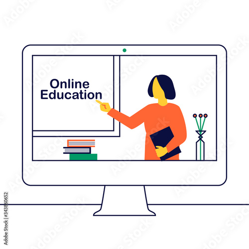 Educación online o formación empresarial. Libros y ordenador con video curso. Concepto de webinar, aula digital y enseñanza en línea.