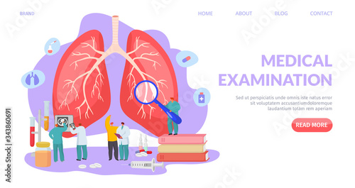 Medical lung examination, landing vector illustration. Respiratory system diagnostic and treatment, professional healthcare. Doctors character cure internal disease, online website.