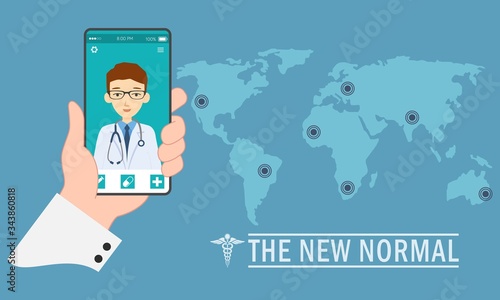 The new normal concept. Medical consultation via video conferencing application on a smartphone. Protected healthcare information (PHI), social distancing and telemedicine. 