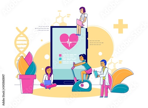 Medical observation sportsman, vector illustration. Training treatment, doctor helping patient. Sport medical services, heart cardiogram while work at bike simulator. Specialist physiotherapy line.