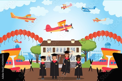 Graduation people pilot academy, future employees airline, vector illustration. Airplane icon on mantle, planes and balloons fly in clear sky. Cartoon students with graduation diplomas.