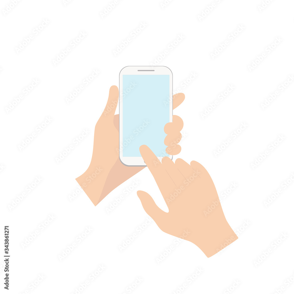 Hand holding a phone with an empty blue screen. Concept of online purchases of food, clothing, delivery, hotel order, messages. Vector illustration on a white isolated background