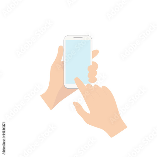 Hand holding a phone with an empty blue screen. Concept of online purchases of food, clothing, delivery, hotel order, messages. Vector illustration on a white isolated background