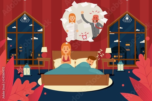 Sleep problems due to work stress, angry boss. Tense, upset wife in bedroom, husband fell asleep in bed. Girl character thinks about quarrel with employer and stay awake at night flat banner.