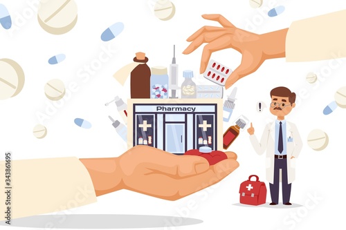Store fronts pharmacy in big hand, vector illustration. Building for sale cartoon medicines, pills, sprays and potions. Man character in medical coat, pharmacist with first aid kit, flat banner.