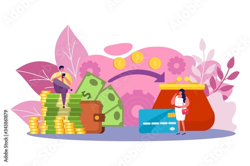 Money transfer, mobile banking vector illustration. Online payment technology, financial app transaction. People standing near large wallet and money, using mobile smartphone for accounting.