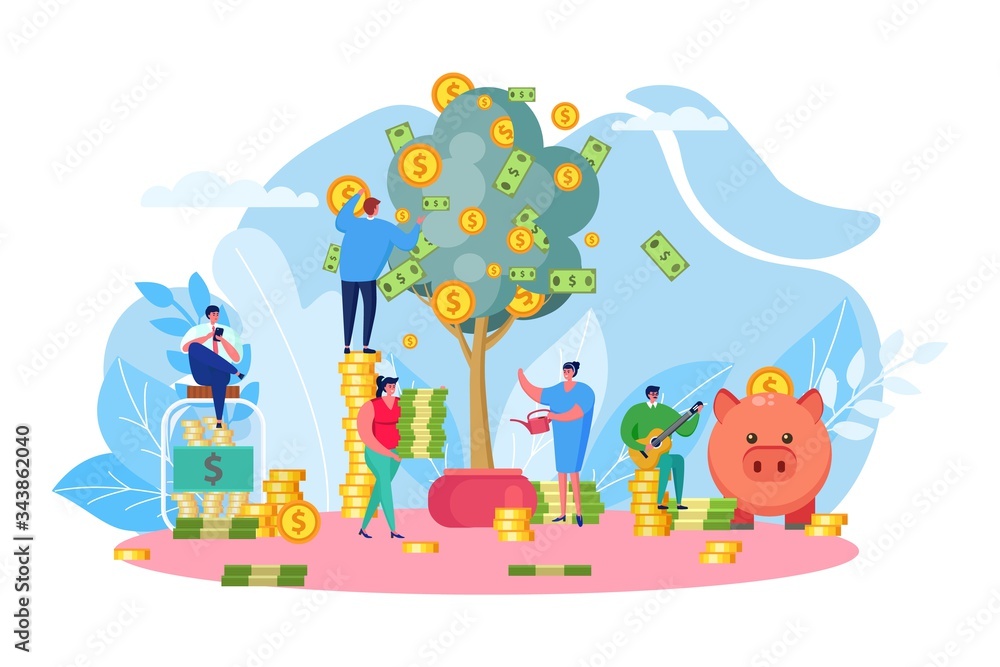 Naklejka premium Money tree, company income vector illustration. Successfull start up, profitable new business, financial growth. Busines people worker collect banknotes and coinsrom plant, piggy bank and jar.