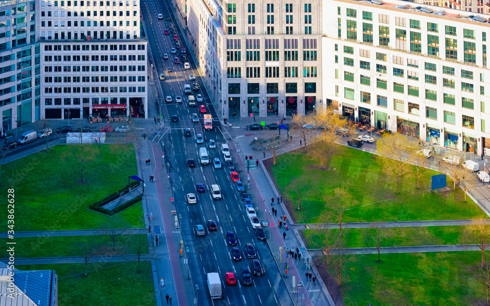 Aerial view of modern building architecture shopping street Potsdamer Platz reflex
