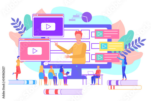 Online education courses concept, vector illustration. Business study with teacher, digital knowledge. People student sit at conference, look at big screen with man, information and infographic.