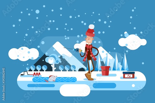 Winter fishing on a frozen lake, man in bobble hat, vector illustration. Near hole for fishing lies drill, box with bait and bucket. Fish caught on hook, fisherman character pull it out.