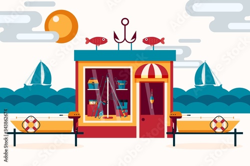 Shop of fishing tackle, fishing rods and bait near reservoir, vector illustration. Motor boat rental for lake visitors that want to hunt fish. Waves, cloudy sky behind cartoon building.