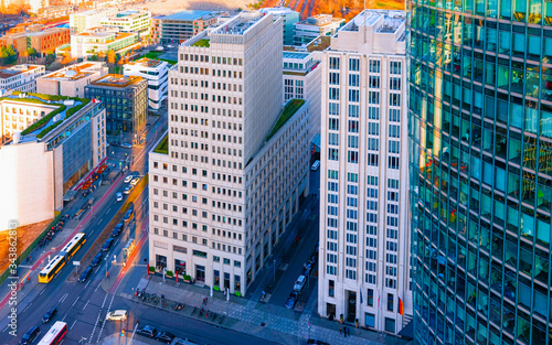 Aerial view on modern building architecture in Potsdamer Platz Berlin reflex