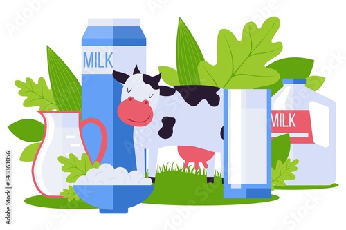 Animal farm, environmentally friendly dairy product collection vector illustration. Milk pack, cottage cheese in bowl, pet cow. Horned animal with udder, manufacturing quality product banner. photo