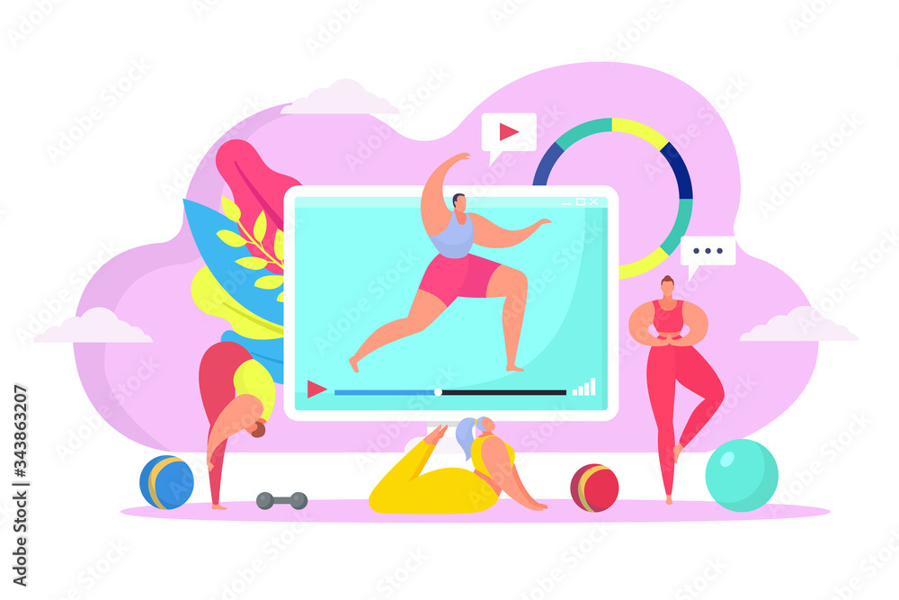 Online fitness training at home, vector illustration. Healthy exercises on large computer screen video, yoga pose. Woman near electronic device perform athlete position, sport lifestyle.