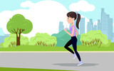 A young beautiful girl running in the park. Healthy lifestyle. A running female character. Illustration in cartoon style.