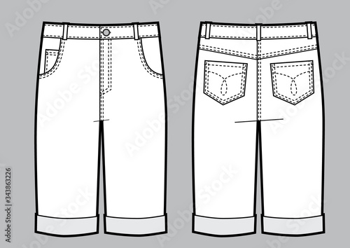 Vector illustration of man jeans shorts. Front and back views
