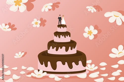 Wedding cake with bride and groom figurines on top, bread set vector illustration. Pink layers dessert with delicious chocolate icing. There flowers around cake, on floor cartoon wild flower petals.