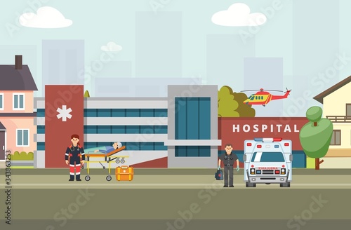 Ambulance hospital banner, vector illustration. Clinic worker character brought patient on gurney. Man in uniform near working ambulance car outside. Helicopter take off above hospital building.