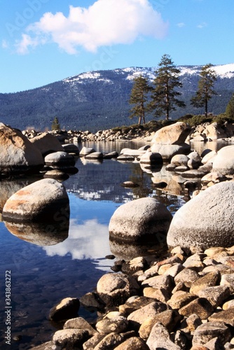 mirror reflection of the sierras in Lake Tahoe, USA by the rocky shore