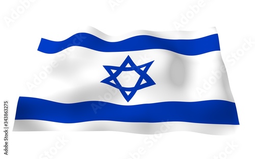 The flag of Israel. State symbol of the State of Israel. A blue Star of David between two horizontal blue stripes on a white field. 3d illustration