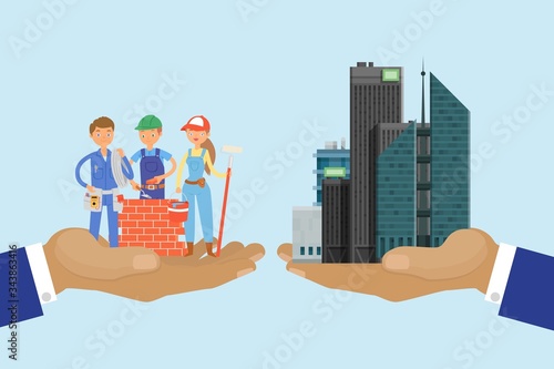 Bulding developers concept, skyscraper vector illustration. High building hand businessman in suit. Character builders team in overalls, uniform. Guy build brick wall, girl paint tool, roller.