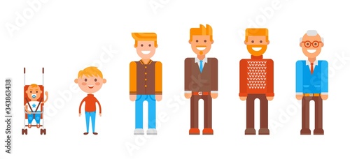 Character from infancy to old age set, vector illustration. Cartoon element, child in stroller, little ginger boy and teenager in command uniform. Guy in suit with beard, man in sweater and pensioner.