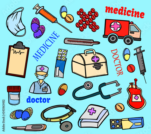 set of equipment medicine color pills doctor for design outline vector banner doodle sketch items professional fast hospital icons isolate
