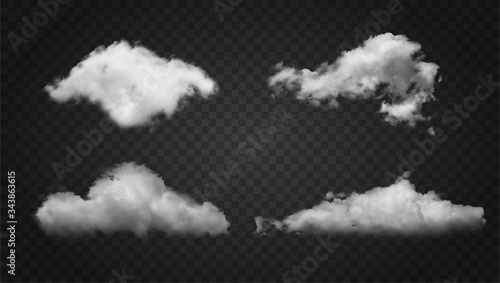 Realistic fluffy white textured clouds on black in four different formations for design elements, vector illustration