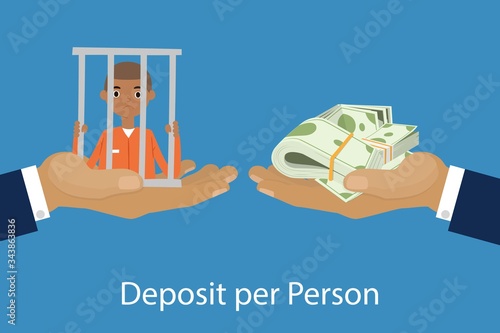 Hands giving or offering pack of money to another hand with prisoned person cartoon vector illustration of deposit per person. Receiving money for man concept.