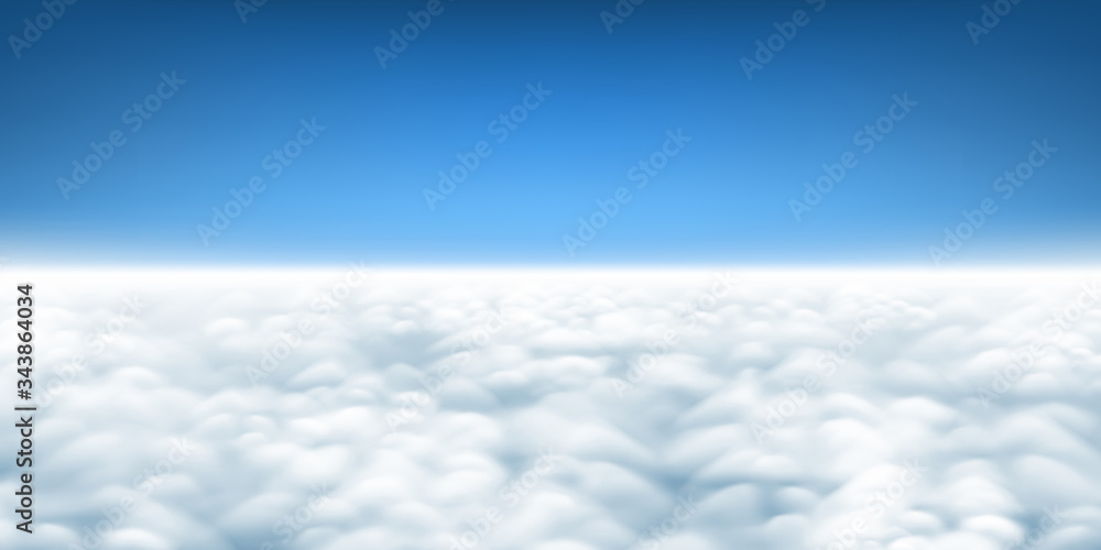 Above the clouds panorama vector, cloudscape view from above, plane flight view of clouds, sky and horizon - obrazy, fototapety, plakaty 