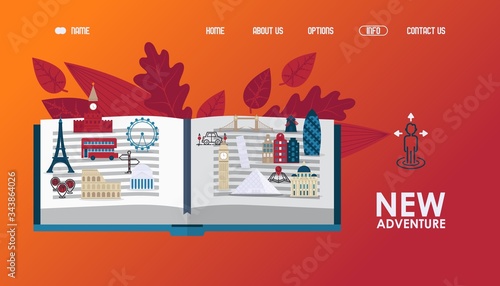 New europe adventure internet page, vector illustration. Mainland album with historical sights, man icon with arrows. Service directing to main country places, plan route landing banner.
